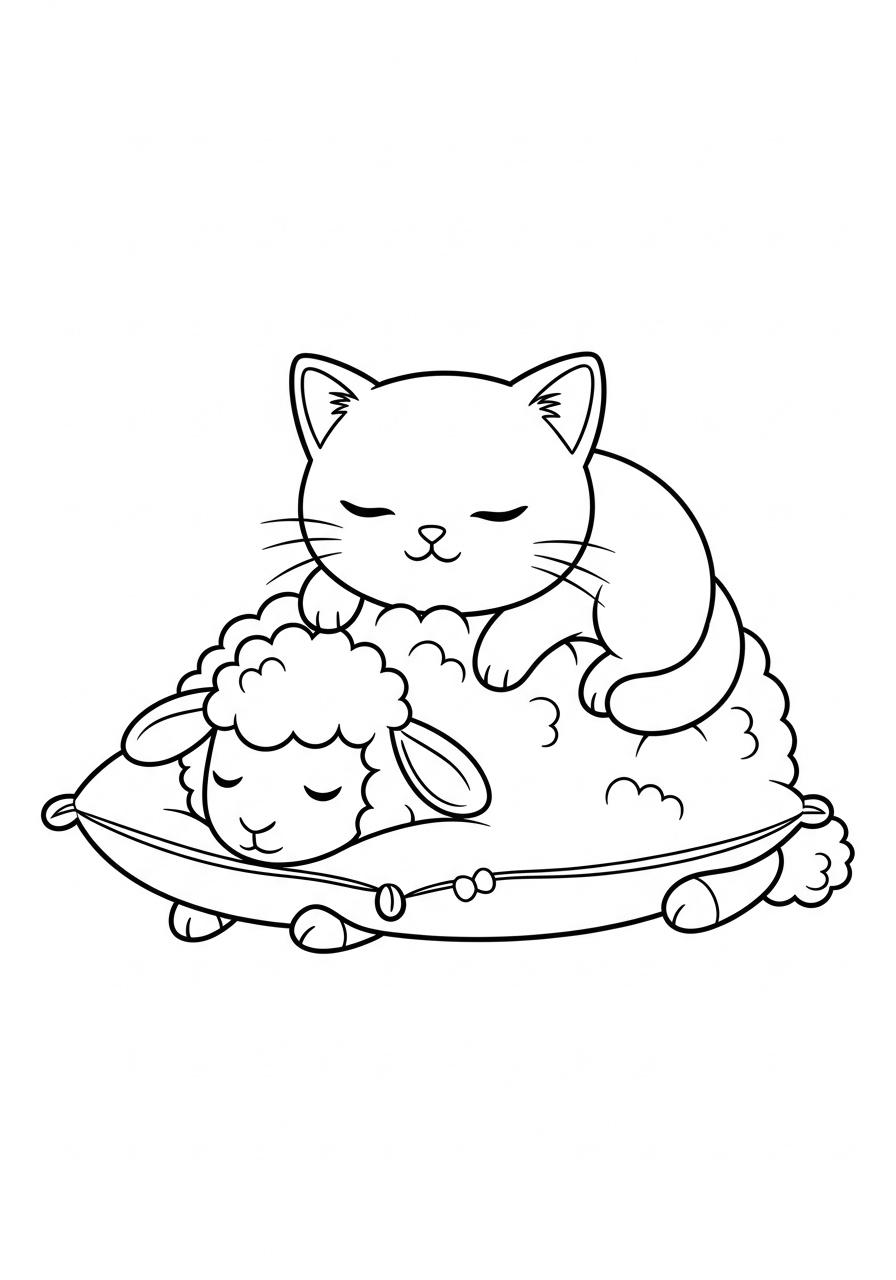 Cute kawaii cat and sheep coloring page